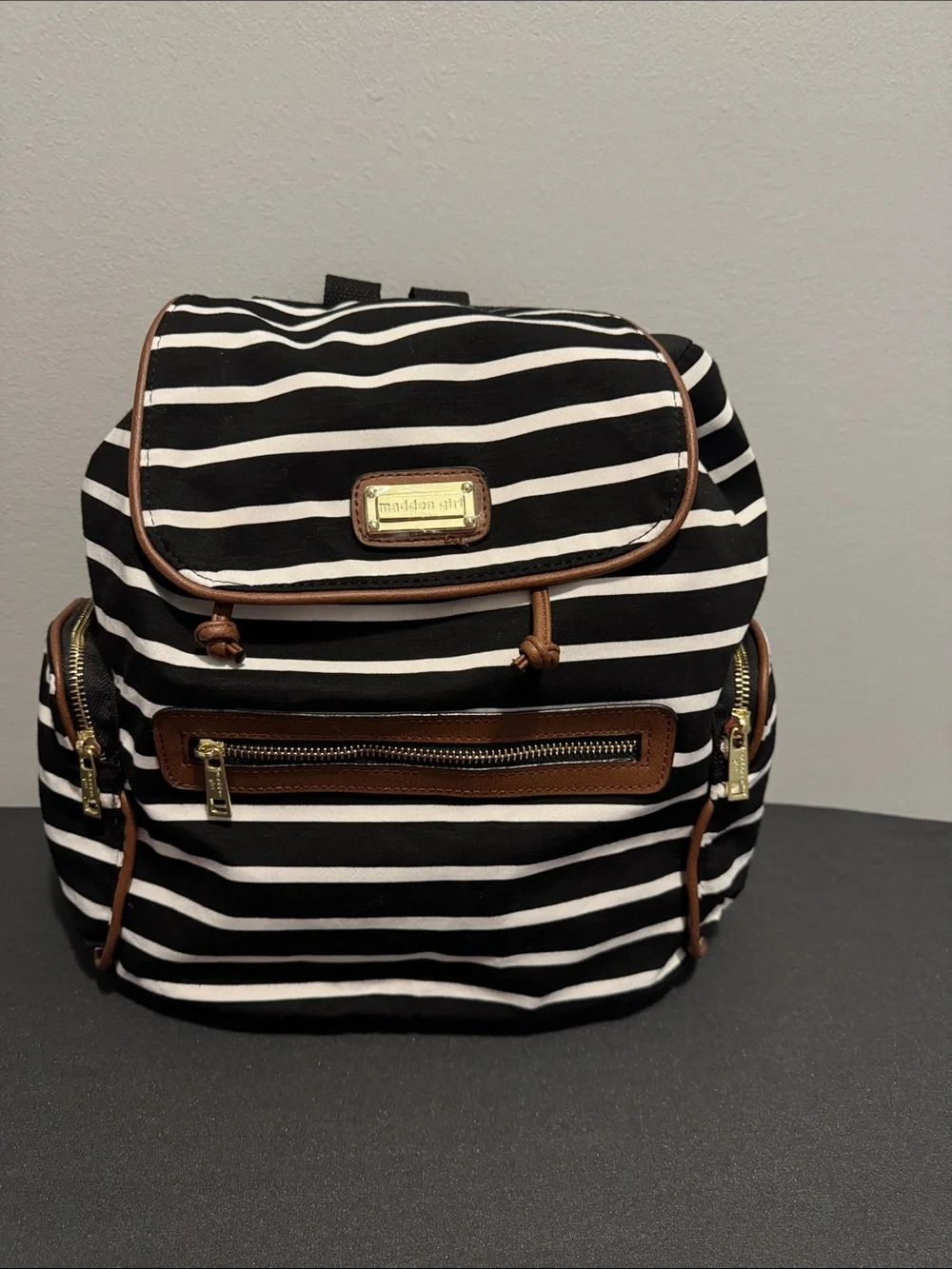 Madden Girl Black and White Striped Backpack with Brown Trim